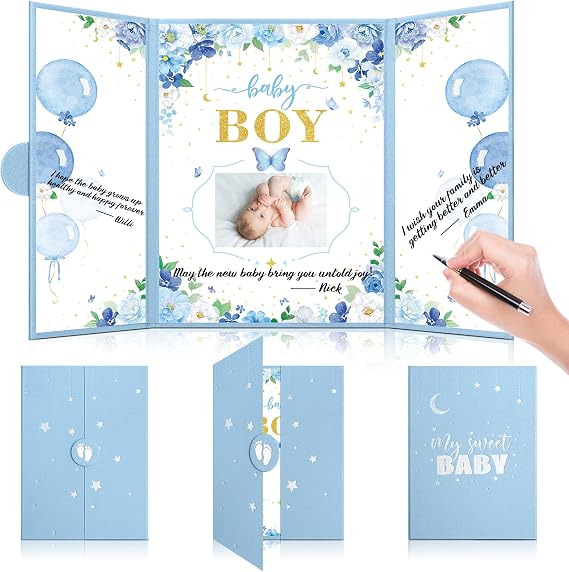 Engrowtic Large Baby Shower Guest Book Cute Baby Shower Signature Board with Picture Party Guest Book Alternatives Creative Keepsake Party Decor(Blue Style)