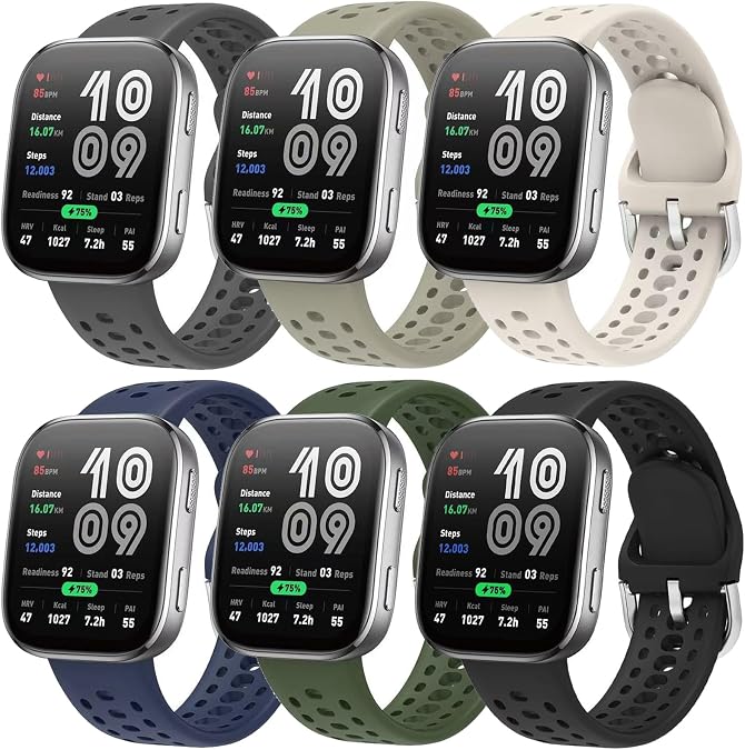ViCRiOR 6 Pack Watch Bands Compatible with Amazfit Bip 6/Bip 5/ GTR 4/ GTR 3/3 Pro/GTR 2/2e/GTR 47mm/Helio Strap, 22mm Soft Silicone Breathable Strap for Amazfit Cheetah Pro/Balance Women Men