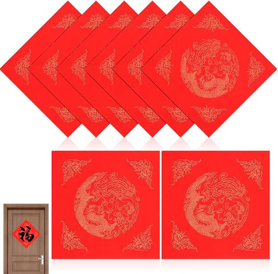 ULTNICE 40PCS Chinese Red Xuan Paper, Doufang Square Rice Paper, Fu Charater Red Xuan with Dragon Phoenix for Spring Festival New Year Decor, 13.3in/34cm