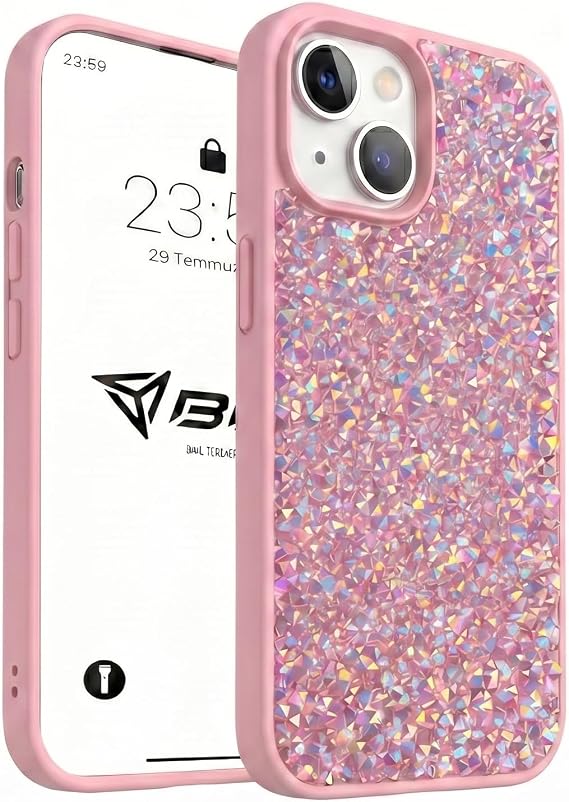 Babilden iPhone 13/14 İle Uyumlu Kılıf Luxury Sim Taşlı Parlak Glitter Premium Koruma Darbe Ve Çizilmelere Karşı Kaymaz Yüzey Kamera Korumalı Simli Telefon Kılıfı (Pembe)