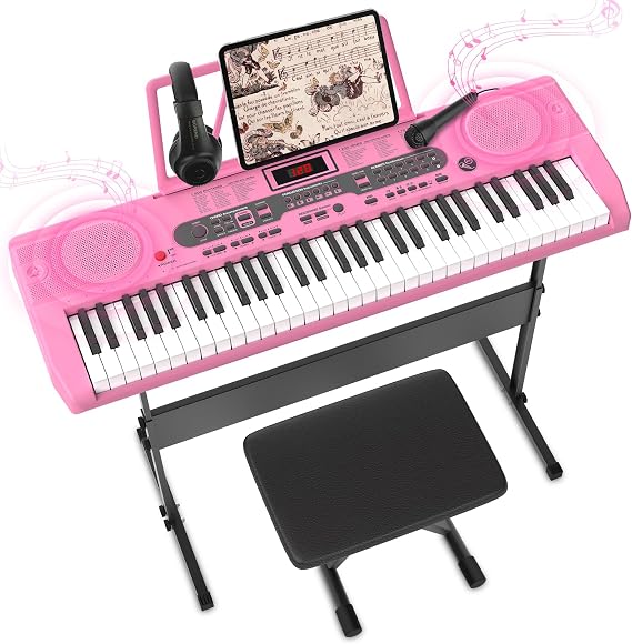 Fenbeli 61 Key Pink Keyboard Piano Kit, Electric Piano Keyboard with Stand