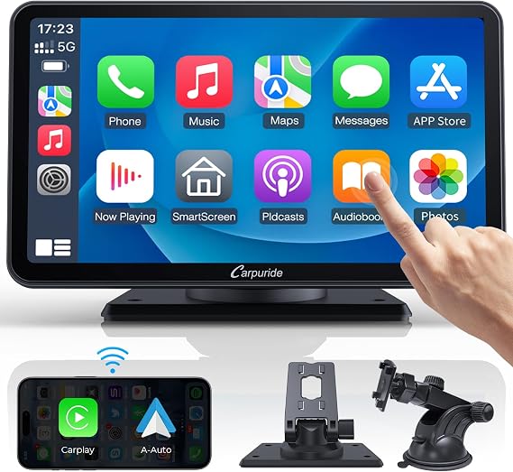 CARPURIDE 7 Inch HD Touch CarPlay Screen - Wireless Portable Car Stereo with Android Auto, AirPlay, Bluetooth Audio, Navigation, Siri, FM/AUX