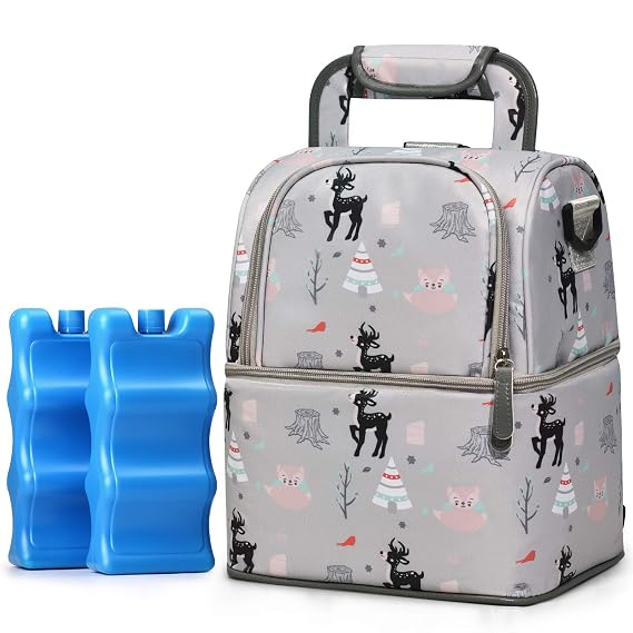 NCVI Breast Pump Bag with Ice Pack - Double Layer Pump Storage Bag Fits 6 Bottles, Insulated Breast Milk Cooler Travel Bag for Working Nursing Moms, Light Grey