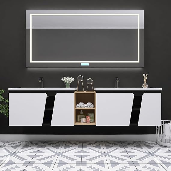 84'' Bathroom Vanity with Sink, 84 Inch Floating Bathroom Vanity Set, Double Sink Cabinet Combo, Soft-Closed Door, Adjustable Shelf, Black & White Wall Mounted Cabinet Set