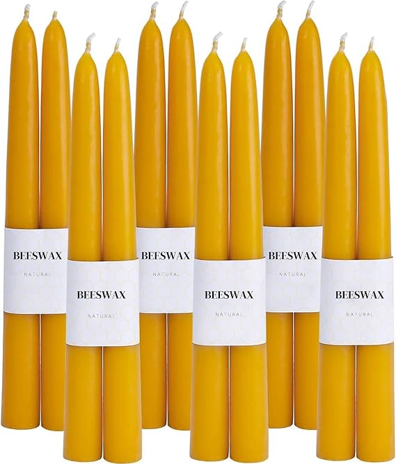 12Pcs Beeswax Taper Candles, 10 Hour Yellow Dinner Candles | 9'' Dripless & Smokeless Unscented Dinner Candlesticks for Ddinner, Meditation and Rituals