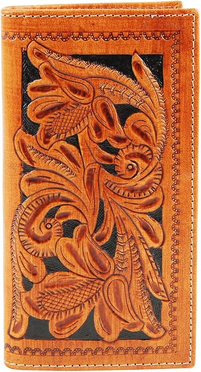 American Bison Arrigo Floral Design RFID Rodeo Wallet for Men Hand-Tooled Cowhide Leather Wallet with Gift Box (Light Brown)
