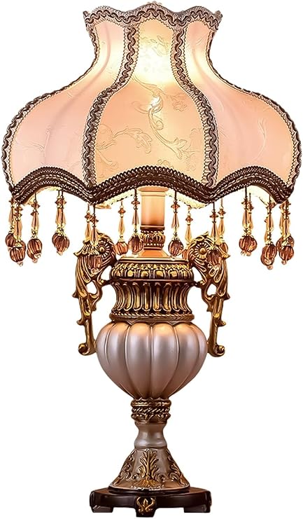 European Style Table Lamp Victorian Table Lamp with Fabric Lampshade and Resin Lamp Body Tiffany European Style Desk Lamp Light for Bedroom Living Room Dining Room Bedside