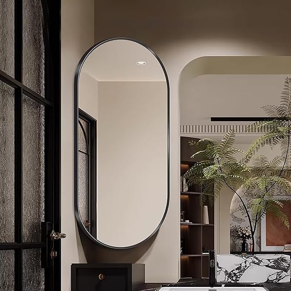 Wall Mount Corner Mirror, Oval Bathroom Pivot Mirror with Aluminum Frame, HD, Explosion Proof, Swivel Corner Mirrors with Bracket, Adjustable Angle(Black,60x100cm/23.6x39.4in)