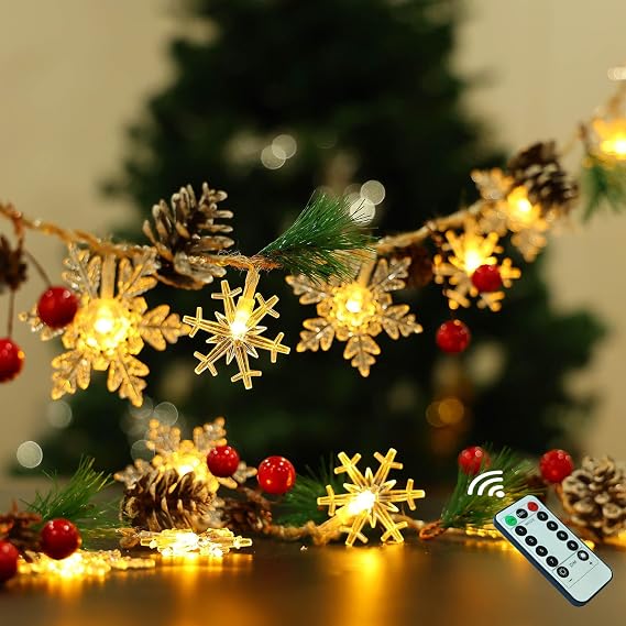 30 Led 10ft Christmas Garland Snowflake Lights, Pine Cones Red Berry Battery Operated Fairy String Lights 8 Lighting Modes with Timer Indoor Outdoor Tree Decor Fireplace Mantle Decorations Warm White