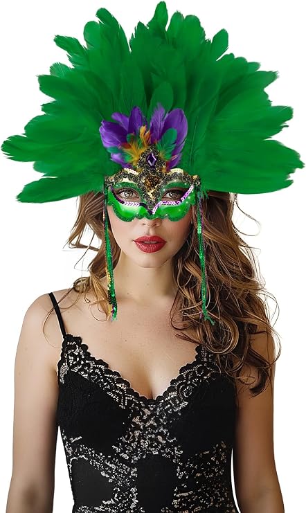 JEGERMIG Green Feather Masquerade Mask Headwear Carnival Headpiece Showgirl Cosplay Accessories for Women
