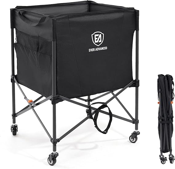 EVER ADVANCED Rolling Ball Storage Cart Lockable Wheels, 33x22.8in/45x25in Collapsible Garage Sports Equipment Organizer for Volleyball Basketball Tennis Toy Storage Multi-Sport Family Gym