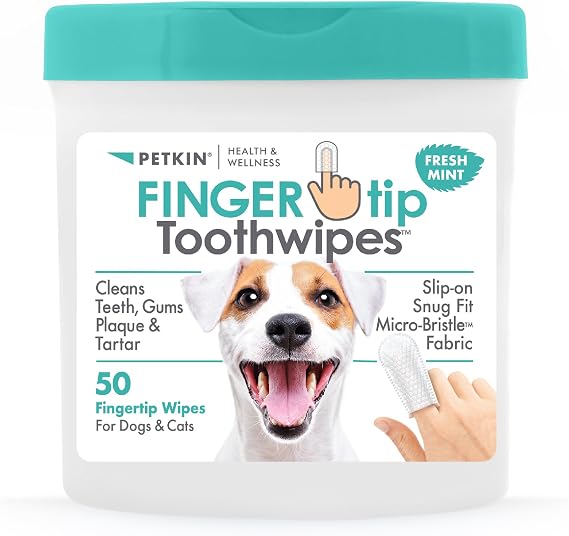 Petkin Fingertip Tooth Wipes for Dogs and Cats, 50 Finger Wipes - Slip-On, Snug Fit, Micro-Bristle Fabric - Cleans Teeth, Gums, Plaque & Tartar - Convenient, Ideal for Home and Travel - Fresh Mint