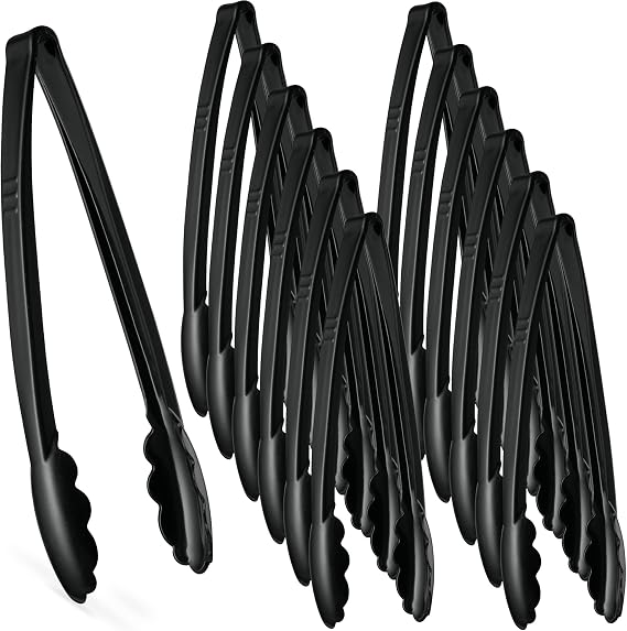 [Black Tongs 12'' Inches] Plasticpro 12'' Serving Tongs Heavy Duty Reusable Kitchen and BBQ Black Serving Tongs for party's, Caterings, Events, Buffet, Weddings, And every Day use Pack of 12