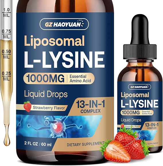 Liposomal L-lysine 1000MG Liquid Drops, 13-in-1 Lysine Monolaurin Supplements Olive Leaf Extract with Vitamin C, B6, D3, B12 & Zinc for Collagen, Lip, Skin & Immune Support,Strawberry Flavor,2Fl Oz