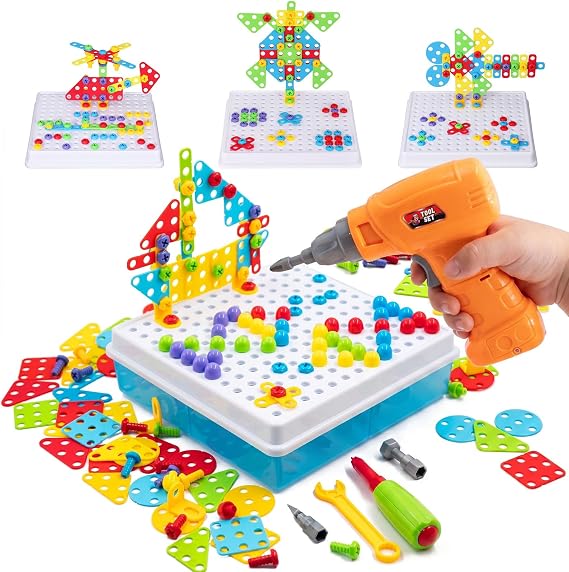 STEM Drill & Build Kit for Kids Ages 3-8 | Electric Toy Drill with 193+ Pieces (Screws, Nuts, Rainbow Fasteners) | Creative Design Construction Toys for Boys Girls | Gift for Birthdays, Christmas