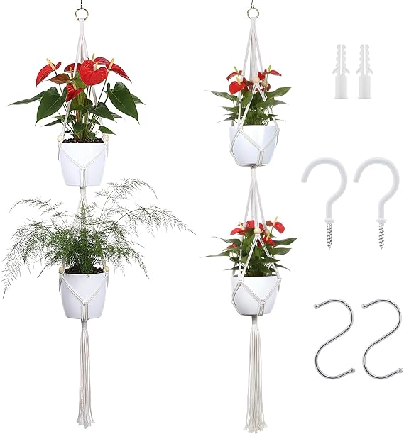 Dntorx Macrame Plant Hangers 2 Pack, 50 in, Indoor Outdoor, Beige