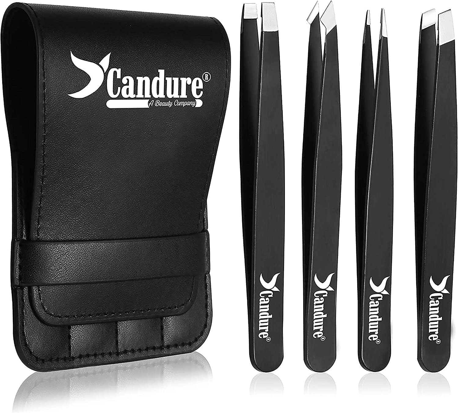 Candure Professional Slanted Tweezers for Men and Women – Precision Stainless Steel Tweezer for Brow, Chin, Facial Hair, Ingrown Hair &amp; Plucking with Leather Pouch (Black)
