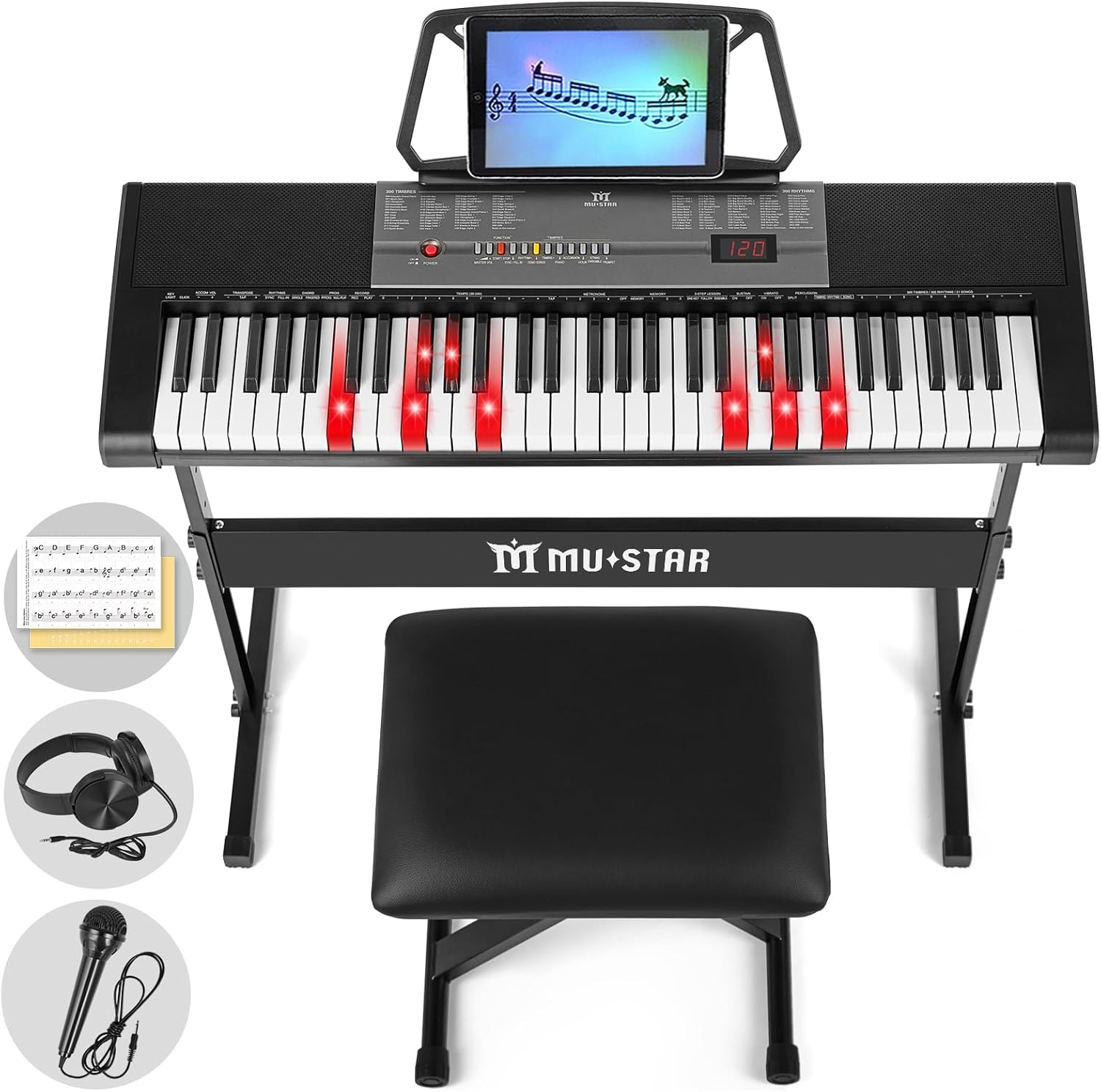 61 Key Electronic Keyboard Piano with Lighted up Keys,LCD,Headphones,X-Stand,Stool,Music Rest,Microphone,Note Stickers,Built-In Speakers,3 Teaching Modes,Ideal for Beginner Adult Black with Stool