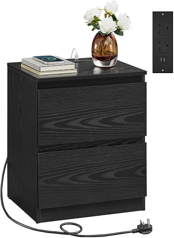 VASAGLE Nightstand with Charging Station, Bedside Table with Drawers, Side End Table, 2 AC OutLETs, 2 USB Ports, for Living Room, Bedroom, Study, Black KAILYN Collection LET621B01