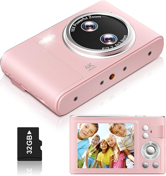 Digital Camera, 48MP FHD 1080P Point and Shoot Camera with 16x Zoom, Anti Shake Compact Portable Camera for Photography with 32GB Card, Autofocus Camara for Kids, Beginners, Teens, Pink