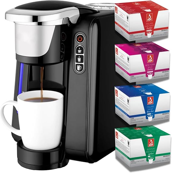 KPod K-Cup Compatible Coffee Machine, K-Cup Compatible, Push Button Controls, Energy Saving Mode, Long Coffee Maker, Black, UK Plug (96 Pod Bundle)