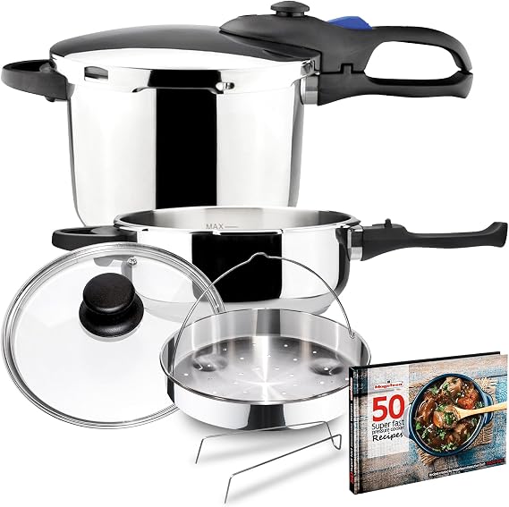 MAGEFESA Favorit Six Stainless Steel Pressure Cooker Set, 3.2 & 6.3 Qts, Induction Compatible, Heat Diffuser Base, 5 Safety Systems Special Edition (Steam Basket, Lid & Recipe Book)