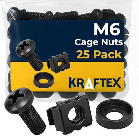 M6 Rack Screws, Cage Nuts and Nylon Washers (6mm x 16mm Screws, 25 Sets, Black) Mount Server Consoles, Routers, Enclosures, Cabinets. Carbon Steel with Rust Resistant Zinc