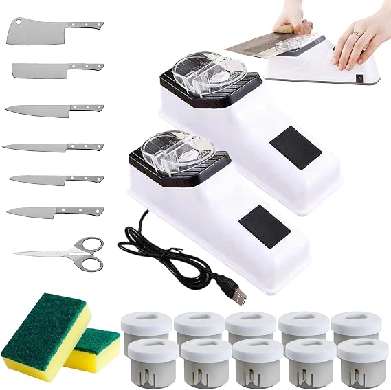 Electric Knife Sharpener, 4 In 1 Electric Knife Sharpener With 10 Sharpening Discs & Protective Cover, 3s Fast Sharpening, Stable Non-Slip Base (2 Set)