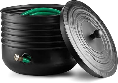 Ribbed Steel Garden Hose Pot Holder with Lid Black 16 x 12 Inches | Hose for Outside|Hose Pot Container Magnetic Steel, Black