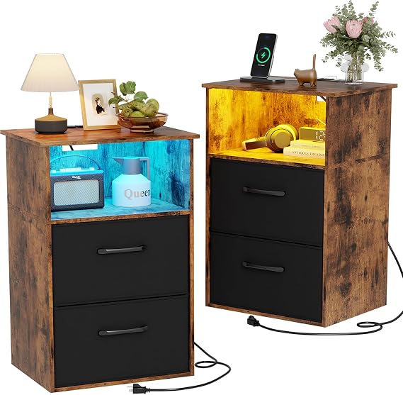 Qupui Night Stand set 2 with charging station and Led light, Small nightstand with 2 Drawers, Smart nightstand with open storage, Bedside Nightstand for Bedroom, Living Room, Bed and Top, rustic brown