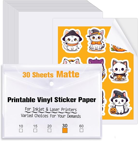 Printable Vinyl Sticker Paper 30 Sheets - Matte White Waterproof Printable Sticker Paper for Inkjet Printer & Laser Printer, Size 8.5"x11" A4 Printer Paper, Quick Dry Vivid Colors Tear Resistant