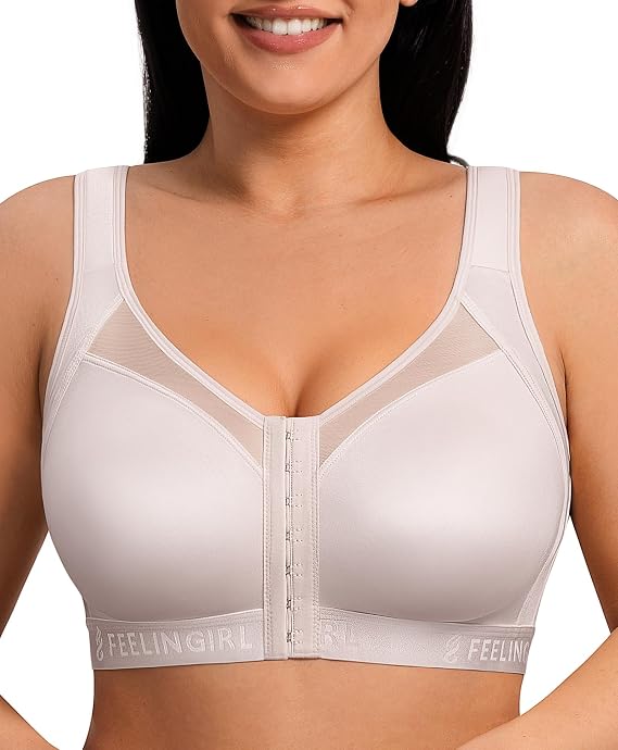 FeelinGirl Front Closure Post Surgery Compression Bra with Adjustable Straps Wireless Breast Augmentation Post Op Bras