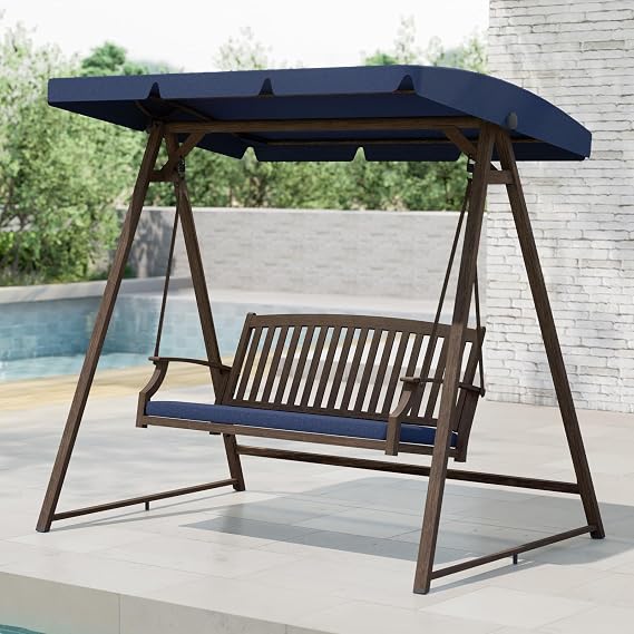 Grand Patio 2-Seat Porch Swing, Patio Swing with Adjustable Tilt Canopy, Farmhouse Outdoor Swing with Removable Cushion, Dark Blue