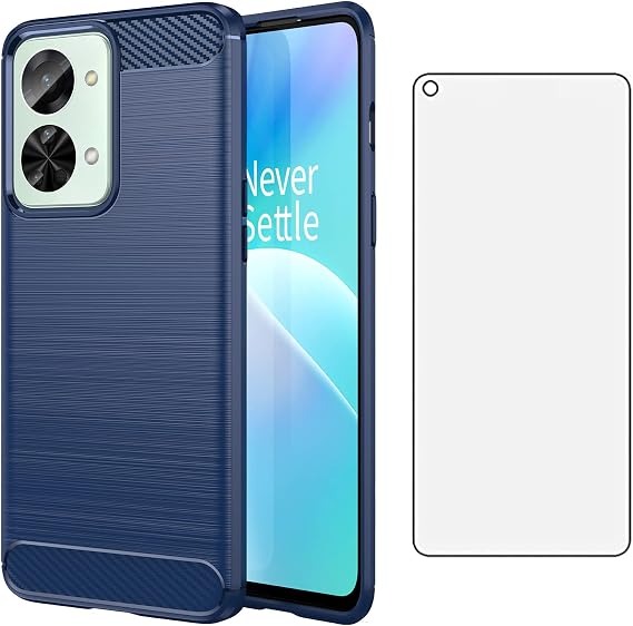 Asuwish Phone Case for OnePlus Nord 2T 5G with Tempered Glass Screen Protector Cover and Cell Accessories Soft TPU Silicone One Plus On 1 Plus 1plus One+ 1+ Nord2T G5 Women Men Carbon Fiber Navy Blue