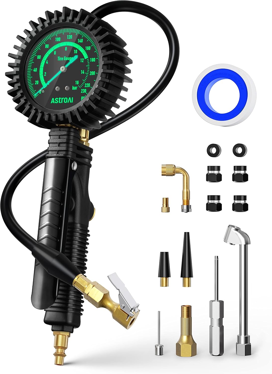 AstroAI 2025 Upgraded Tire Inflator with Pressure Gauge 230PSI - ANSI B40.1 Accurate, Large 2.6 Easy Read Glow Dial, Extra Long Rubber Hose with 360° Air Chuck, Compatible with CarsTrucksRV