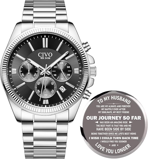 CIVO Watches Men's Chronograph Stainless Steel Silver Watch Analogue with