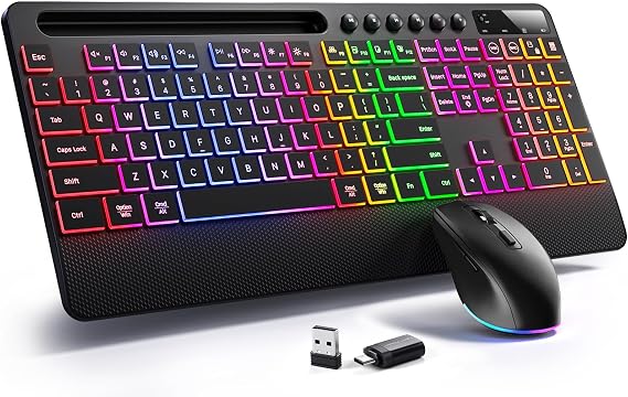 Hamile Wireless Keyboard and Mouse Combo, RGB Backlit, Ergonomic Wrist Rest