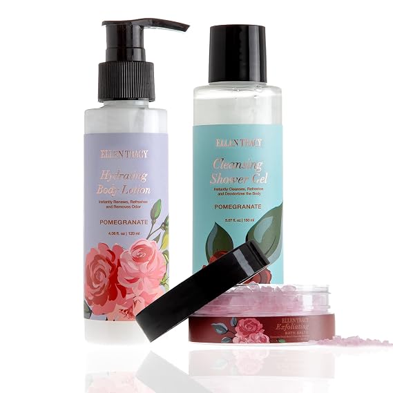 Ellen Tracy 4 Piece Bath and Body Set with Bath Salts, Shower Gel, Lotion, and Bag