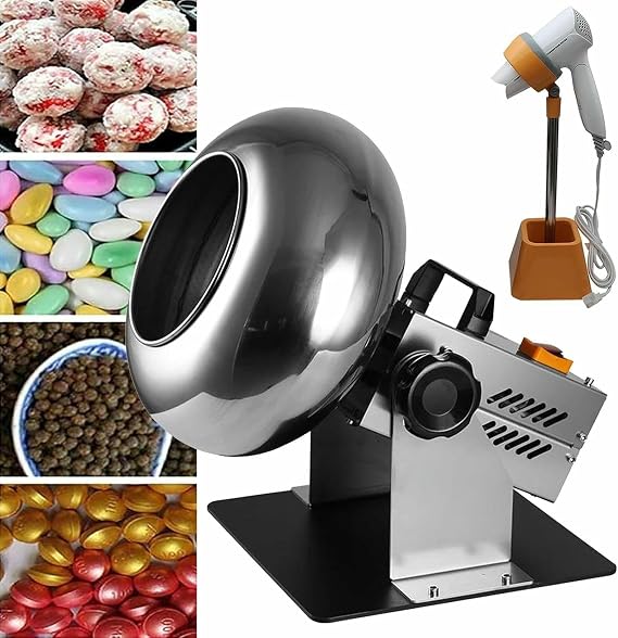 Candy Coating Machine,Small Commercial Chocolate Panning Machine, 1-3 Kg/Time Sugar Ball Coating Drying Machine, Adjustable Angle Peanut Nut Coating Machine with Stand & Blower