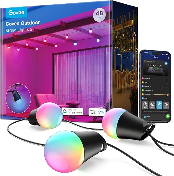 Govee Smart Outdoor String Lights 2, 48ft RGBIC Patio Lights with 15 Bulbs | Dimmable Warm White LED Bulbs, IP65 Waterproof, 47 Scene Modes for Backyard, Balcony, Work with Alexa, App Control