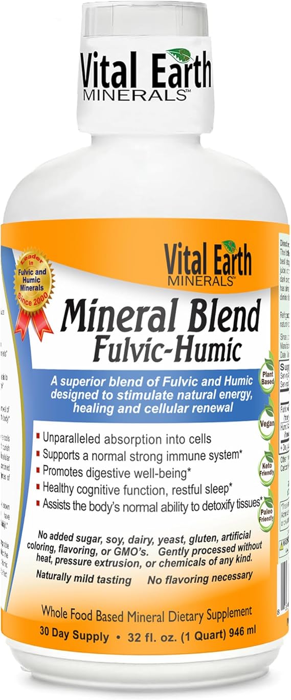 Vital Earth Minerals Fulvic Humic Mineral Blend Liquid Fulvic Acid Supplement with 70+ Trace Minerals, Electrolytes for Recovery, Balance & Energy, 32 Oz + 1 Oz Cup