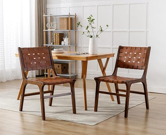 Kmax Woven Strips Dining Chairs Set of 2 Modern Armless Wood Chair Rattan Farmhouse Kitchen Chair Faux Leather Side Chairs for Kitchen, Brown
