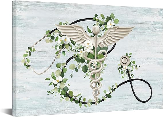 Medical Canvas Wall Art 16x24 Caduceus Stethoscope Floral Clinic Room Decor