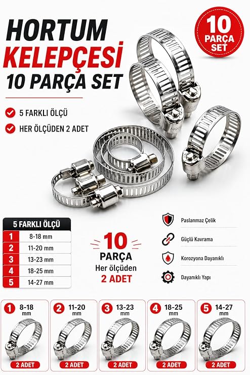 Zephoo Paslanmaz Çelik Hortum Kelepçesi Seti 10 Parça 5 Farklı Ölçü 8-18 mm 11-20 mm 13-23 mm 18-25 mm 14-27 mm
