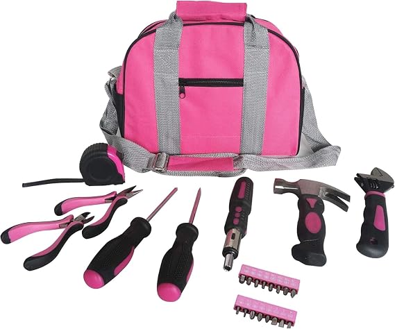 Ladies Pink Tool Kit Tool Bag DIY Set Includes Pink Hammer, Pink Pliers, Pink Screwdrivers in Pink Carry Case 25pcs