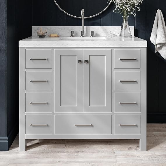 ARIEL Cambridge 42-inch Bathroom Vanity with Sink,Solid Wood, 2-inch Italian Carrara Marble Countertop, Single Rectangular Porcelain Sink, 2 Soft Closing Doors, 9 Dovetail Drawers, Grey