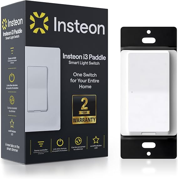 Insteon i3 Paddle Smart Light Switch, Dimmer/On-Off, Neutral Wire Req, PS01 | Software-Configurable Dimmer Or On/Off Switch; Works With Amazon Alexa And Google Assistant, Insteon Hub Required For Voice.