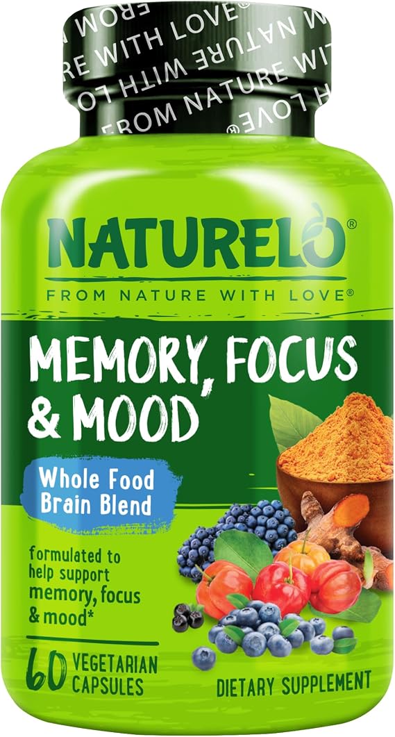 NATURELO Whole Food Brain Supplement for Focus Support, 60 Capsules