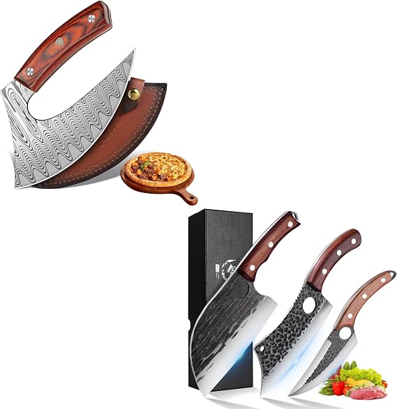 ROCOCO Pizza Cutter Ulu Knife with 3PCS Butcher Knife Set for Cutting Ribs Roasts Fruits Veggies Multipurpose Kitchen Knives for BBQ Birthday Thanksgiving Christmas Ideal Gift