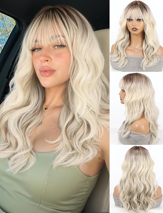 20 Inch Wavy Synthetic Mid-long Wig with Bangs Platinum Blonde
